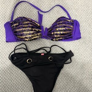 Victoria's Secret Purple and Black Bikini with Gold Accents